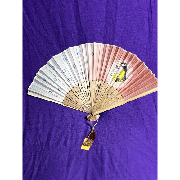 Vintage Japanese Folding Hand Fan Sensu with Traditional Art Design & Tassel
